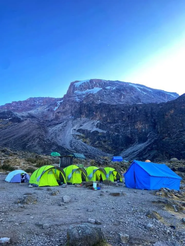 Tents pitched at a Kilimanjaro camp beneath the glaciated summit at dawn